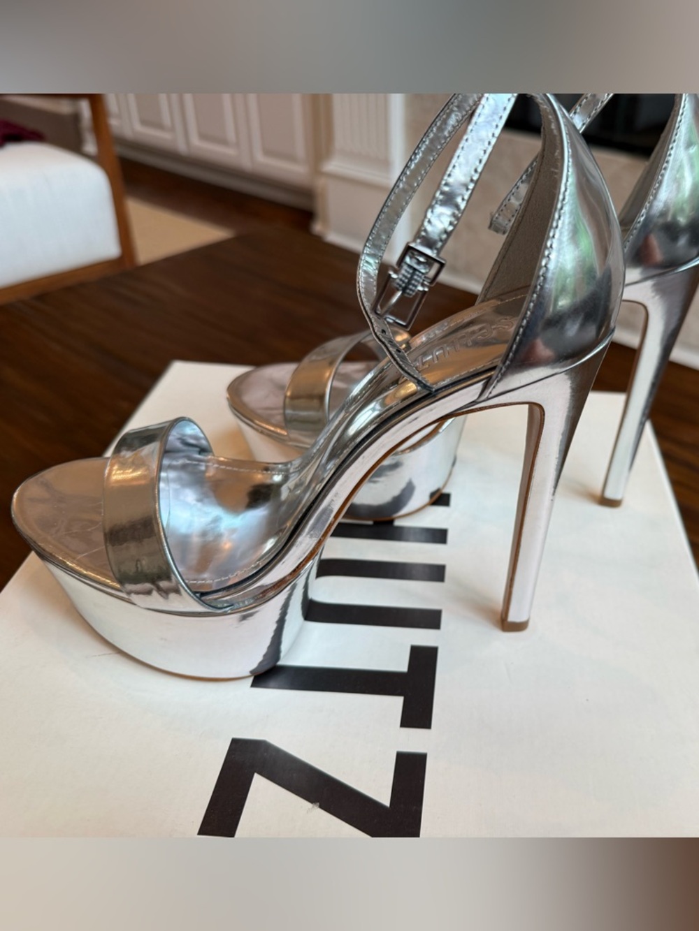 SCHUTZ Silver Metallic Platform Ankle-Strap Heels size 8